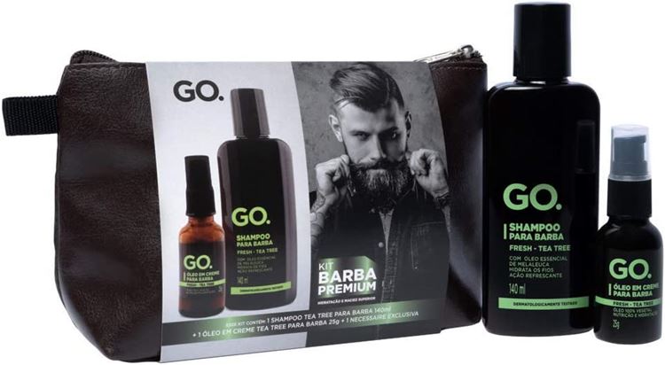 Kit de Shampoo e óleo de barba com necessaire preta, produtos em preto e verde e foto de homem com barba 