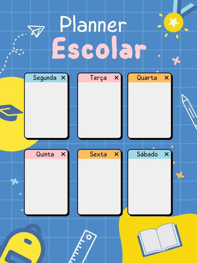 Planner escolar semanal, colorido e de fundo azul e amarelo.