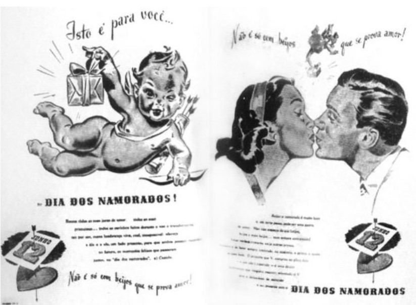 Slogan de propaganda do Dia dos Namorados criada por João Dória, com desenho de cupido, homem e mulher se beijando e propagandas