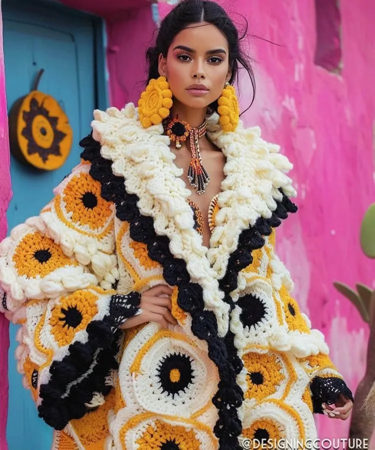 Uma modelo posa com um casaco de crochê de grandes dimensões em branco, amarelo e preto. O casaco apresenta padrões circulares e uma gola felpuda, complementado por brincos amarelos grandes e um colar tribal, com um fundo rosa e azul.