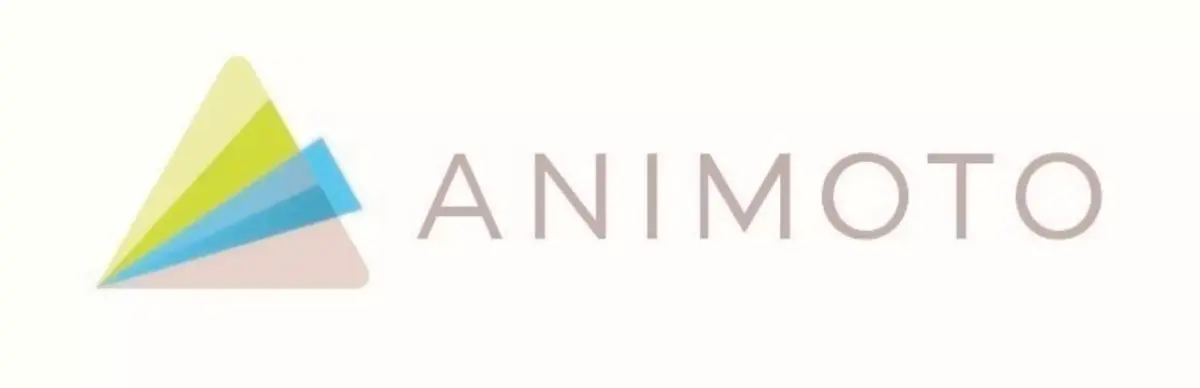 Logo do Animoto, com triângulo azul, bege e amarelo.
