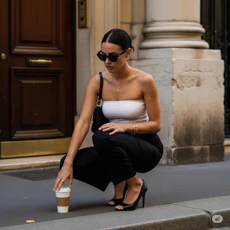 Uma mulher elegante agacha-se em uma calçada, pegando um copo de café. Ela veste um top tomara que caia branco, calças pretas e sapatos peep toe de salto alto. Óculos de sol e joias douradas completam o visual chic.







