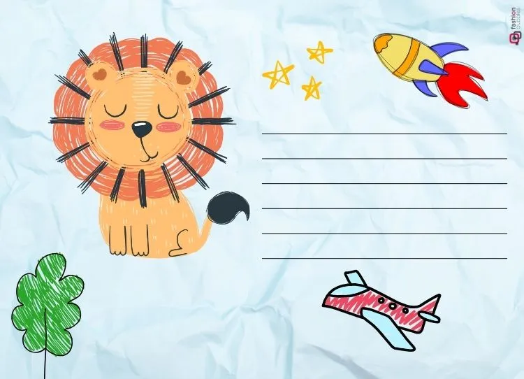 O cartão tem um fundo azul claro com textura de papel amassado. À esquerda, um leão sorridente com juba laranja e bochechas rosadas está desenhado. Acima, duas estrelas amarelas e um foguete colorido voam à direita. Abaixo, um avião azul e rosa está desenhado. No canto inferior esquerdo, há uma pequena árvore verde. À direita, cinco linhas horizontais oferecem espaço para escrever uma mensagem. O design é lúdico e alegre.


