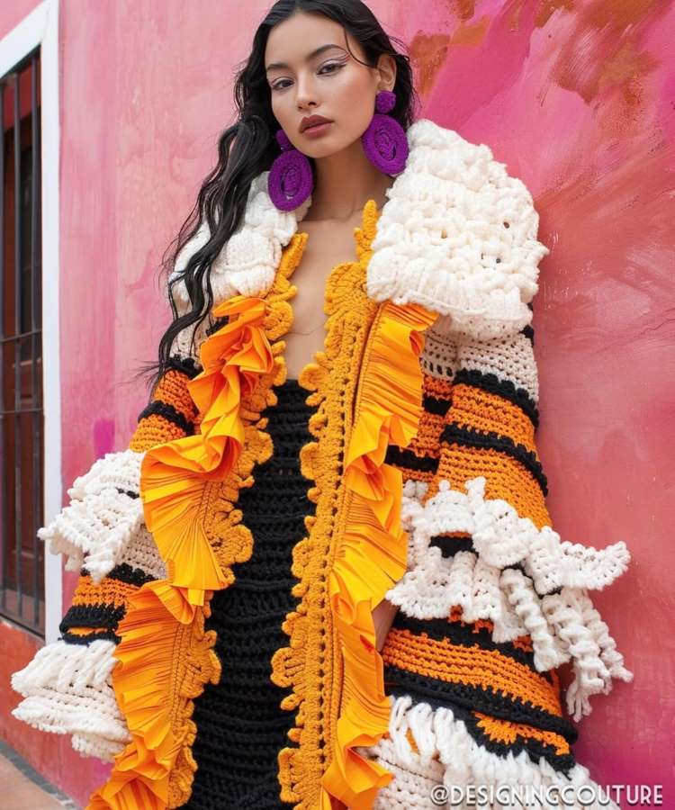 Uma modelo posa com um casaco de crochê preto, branco e laranja, com gola e punhos brancos felpudos. O casaco tem franjas laranjas vibrantes ao longo da abertura. A modelo usa brincos de tassel roxos, em frente a uma parede rosa.

