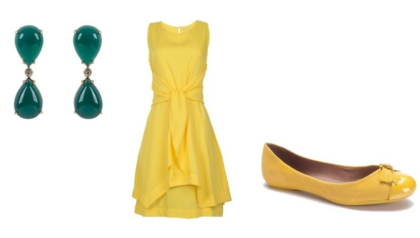 Vestido curto amarelo, brinco verde e sapatilha amarela.