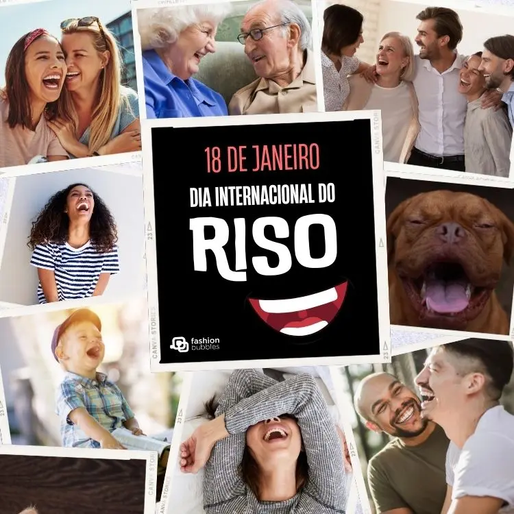 Montagem com fotos de pessoas rindo e "18 de janeiro - Dia Internacional do Riso" ao centro 