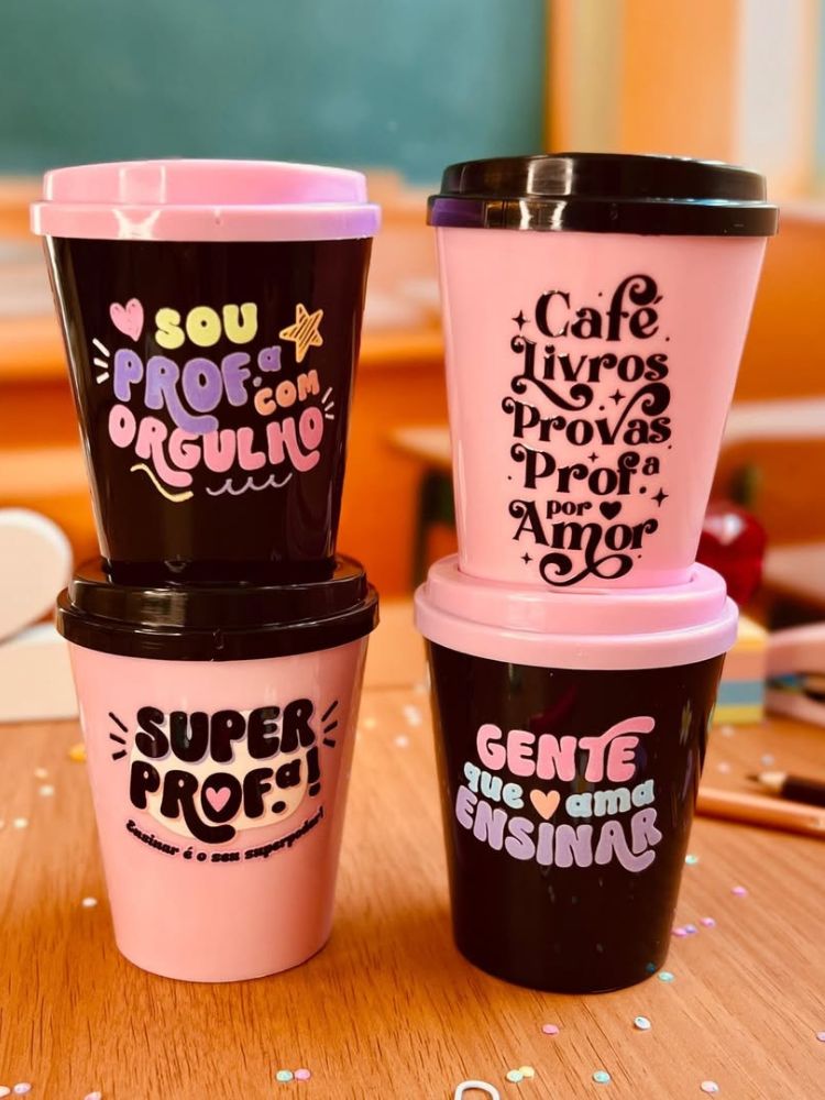 4 mini copos estilo starbucks com mensagens de dia dos professores