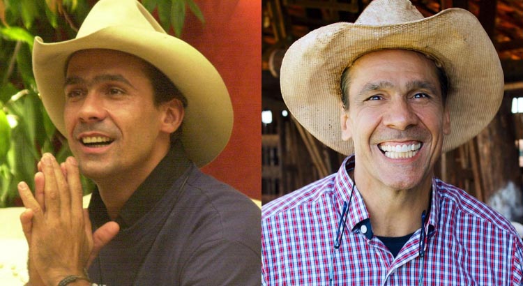 Montagem de 2 fotos de Rodrigo Cowboy, uma no BBB e outra atualmente. Em ambas ele usa um chapéu de boiadeiro 