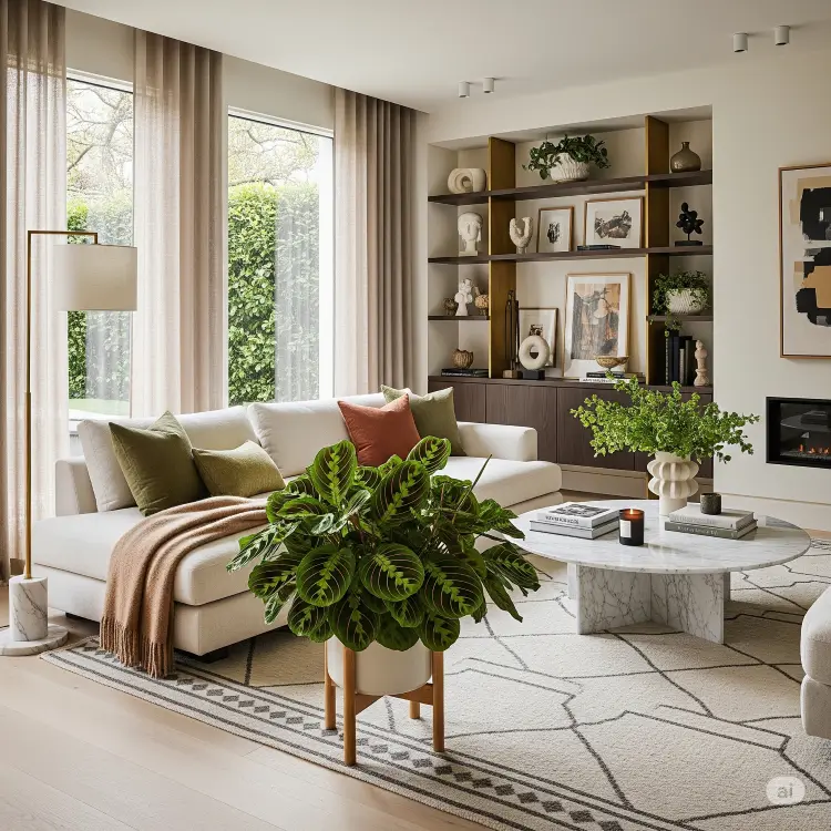 Sala de estar moderna e aconchegante com sofá branco, mesa de centro de mármore e tapete geométrico. Uma grande planta Maranta está em um vaso branco, sobre um suporte de madeira. Prateleiras com objetos de decoração completam o espaço.







