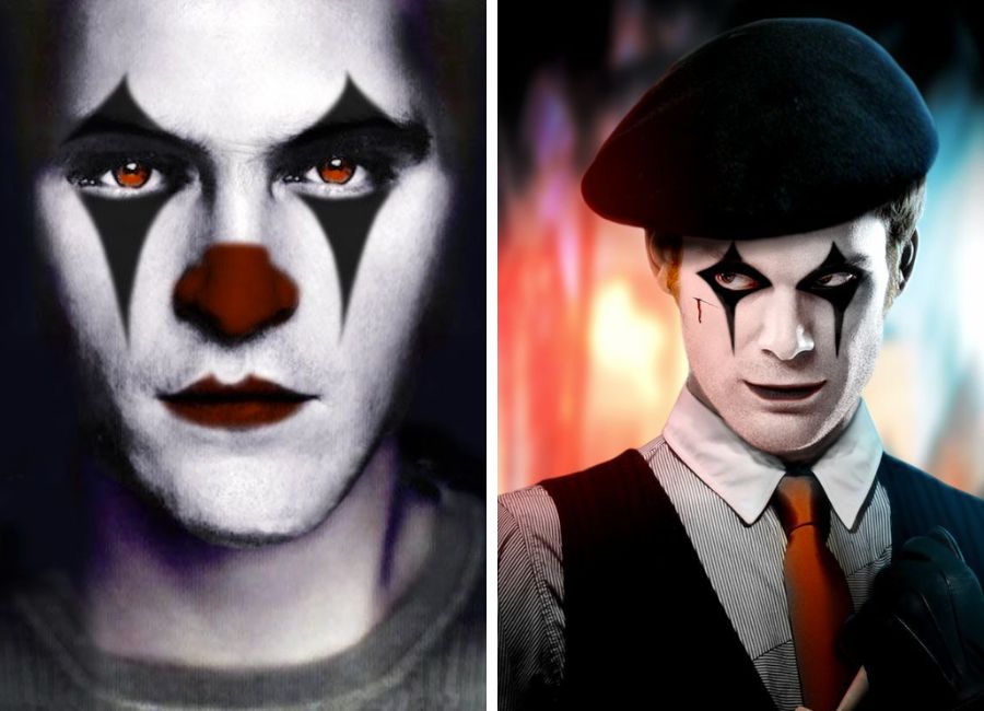 Montagem com duas fotos de homens com maquiagem de palhaço em sombra preta 