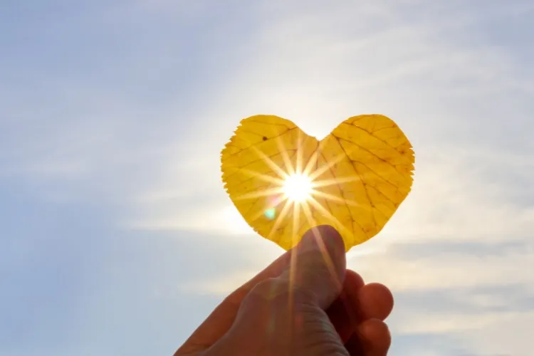 A imagem mostra uma folha amarela em forma de coração sendo segurada por uma mão. A folha está contra o céu azul claro, e a luz do sol brilha através dela, criando um efeito de raios de luz que se espalham ao redor. A cena transmite uma sensação de leveza e serenidade.


