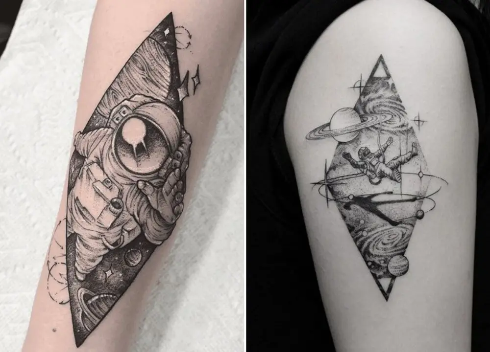 Tatuagem de astronautas com geometria e planetas
