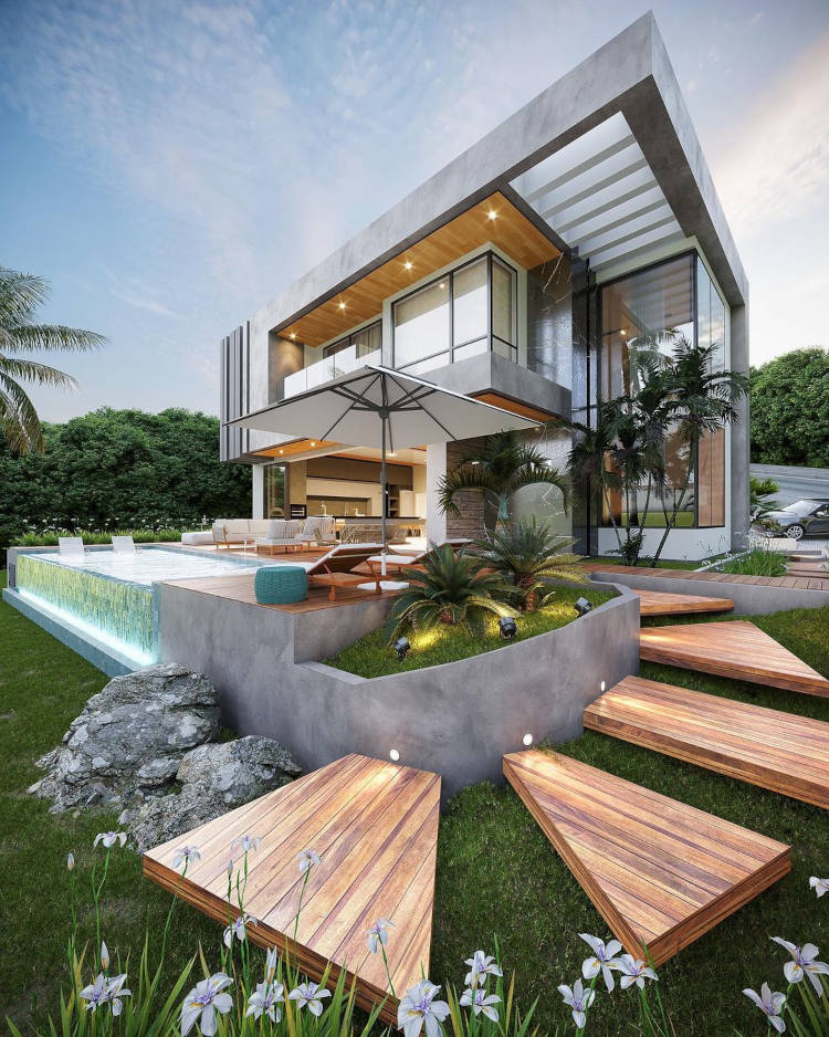 Fachada de casa moderna com escada de madeira.