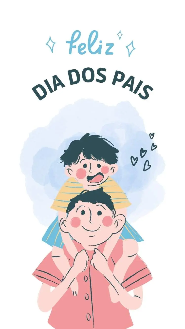 Cartão de Dia dos Pais com fundo branco, desenho de pai e filho e frase "feliz dia dos pais"