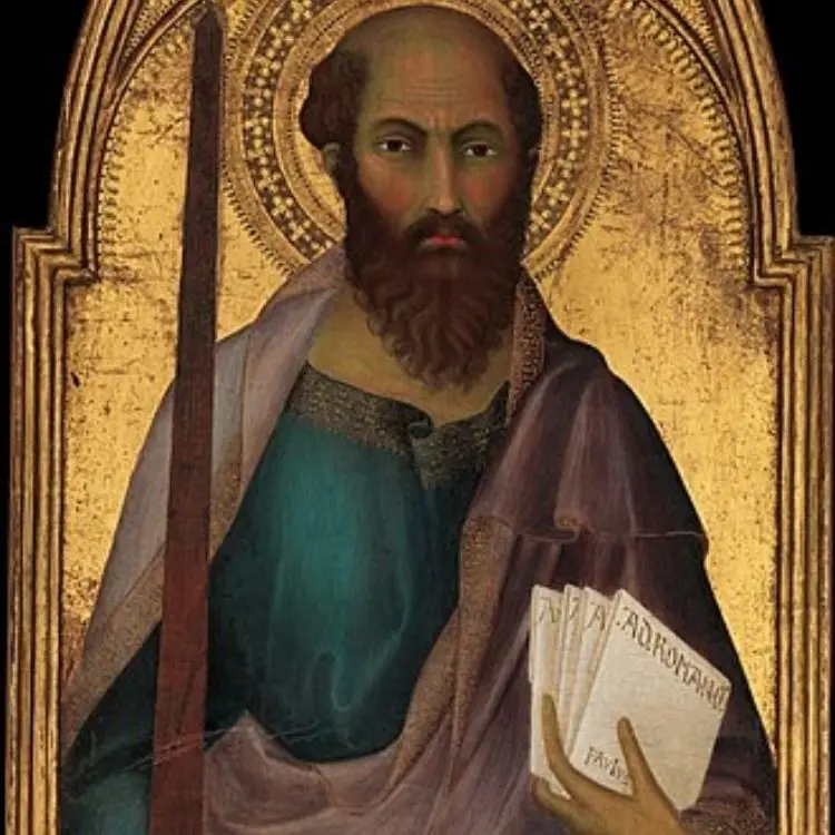 Este é um ícone de estilo bizantino que retrata Paulo Apóstolo com uma barba escura e auréola, segurando papéis que parecem ser cartas, provavelmente representando suas epístolas, em um fundo dourado.