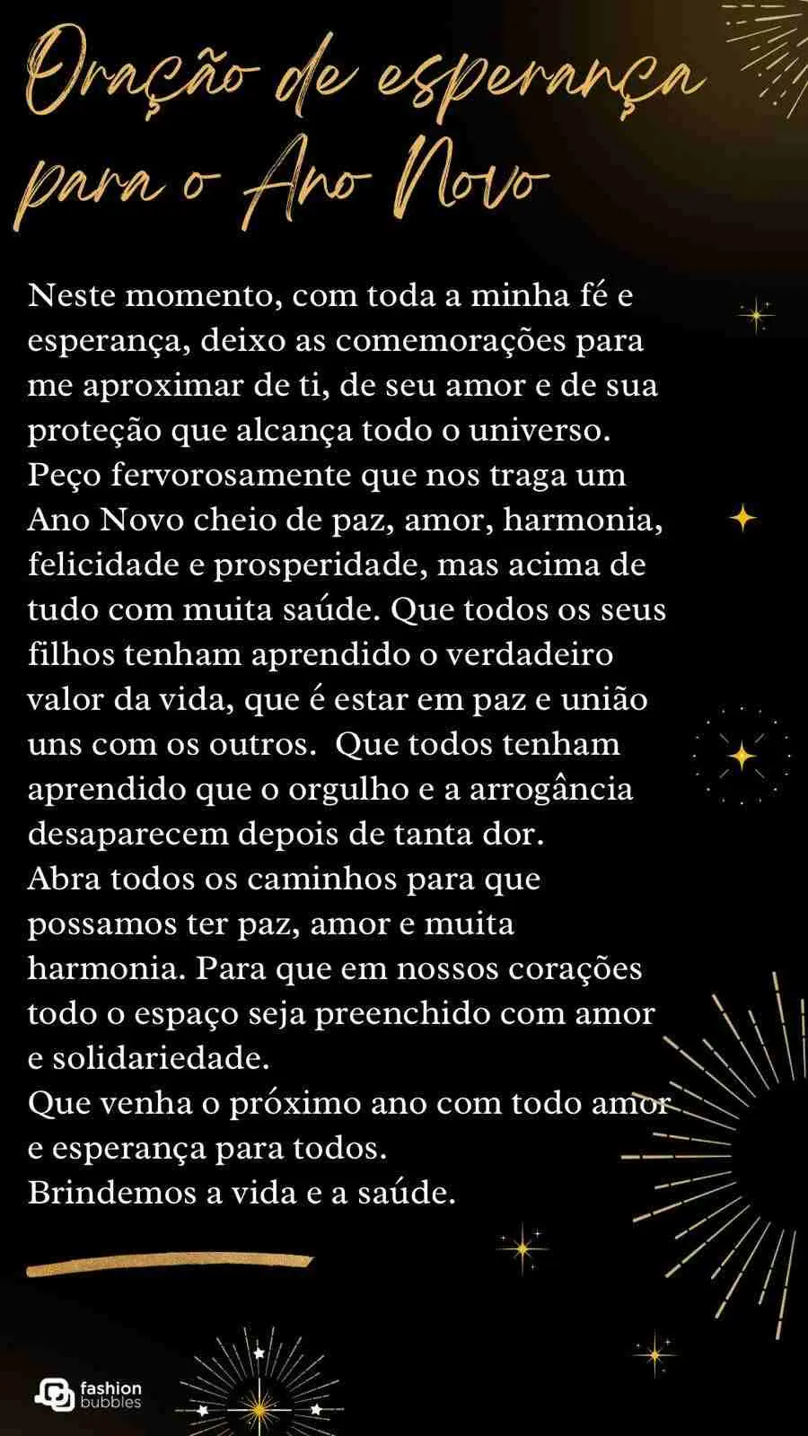 Oração de Esperança para o Ano Novo, em preto, dourado e branco