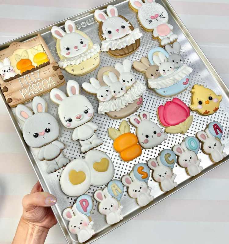 Forma com diversas ideias de doces decorados com coelho para a Páscoa.