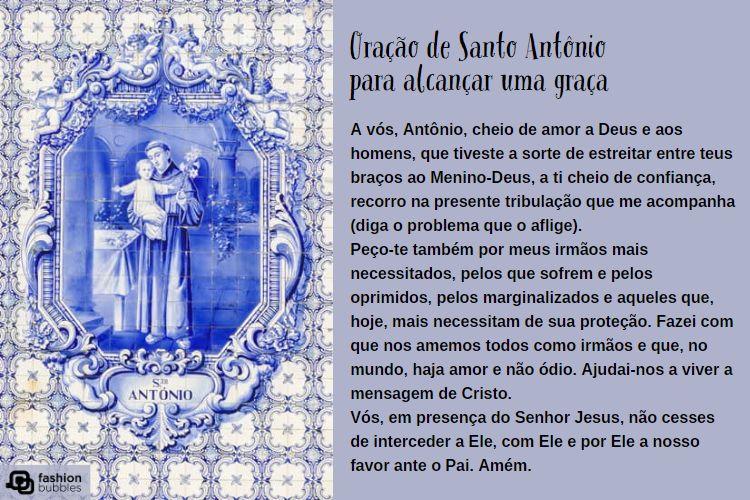 Oração de Santo Antônio para alcançar uma graça escrita em fundo azul, ao lado de imagem do santo