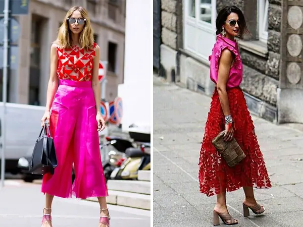 Montagem com duas fotos de mulheres de pele clara: uma usa blusa geométrica bege e vermelha com calçta pantacourt rosa e outra usa blusa rosa com saia midi vermelha 3D
