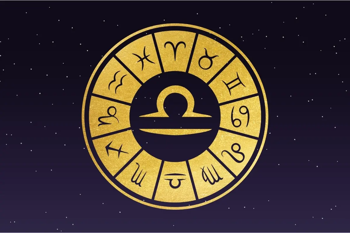 Fundo de céu estrelado com símbolo do signo de Libra, horóscopo do dia de hoje