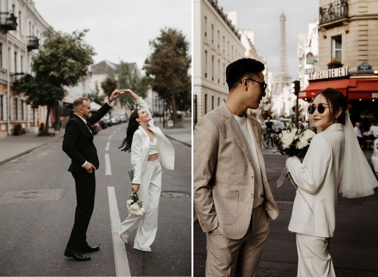 montagem com duas fotos de ensaio de casal alternativo, os dois de terno ensaio de casal de terno