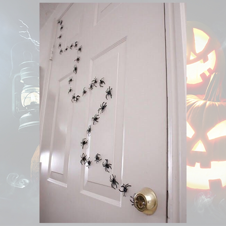 Foto de porta decorada com aranhas pequenas andando juntas
