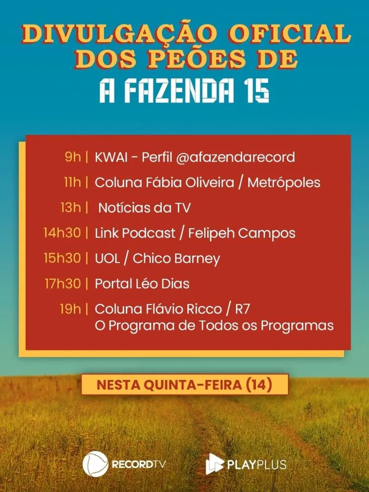 cronograma de divulgação da lista de participantes de A Fazenda 15