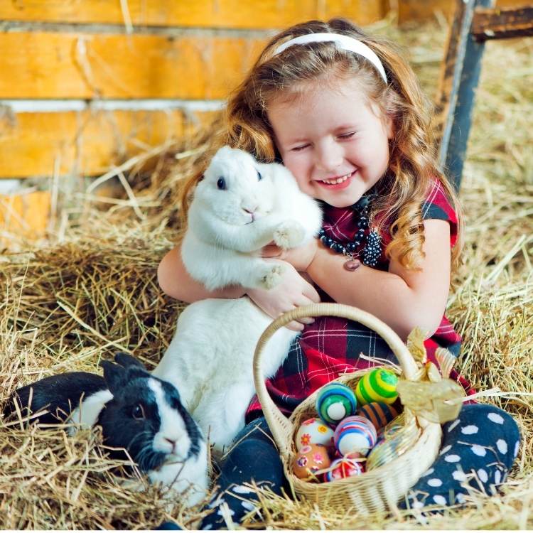 Garotinha abraçando coelho e com cesta de ovos de Páscoa. Foto de menina com coelhos.