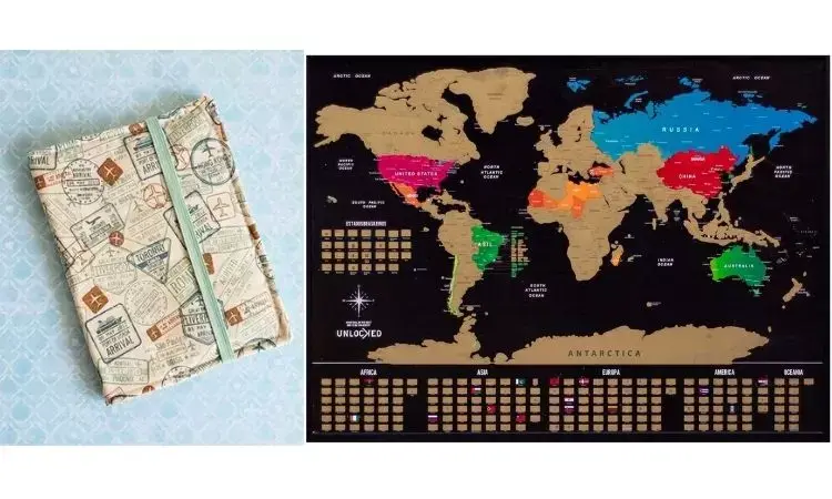 Montagem com duas opções de presente amigo secreto chefe viagem, um porta-passaporte e um mapa-múndi Montagem com duas opções de presente amigo secreto chefe viagem