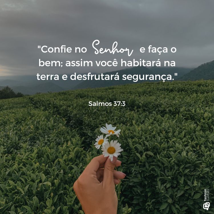 A imagem mostra uma mão segurando pequenas flores brancas com miolos amarelos, em um campo verde exuberante. Ao fundo, há colinas sob um céu nublado. Centralizado, há o versículo: "Confie no Senhor e faça o bem." - Salmos 37:3.
