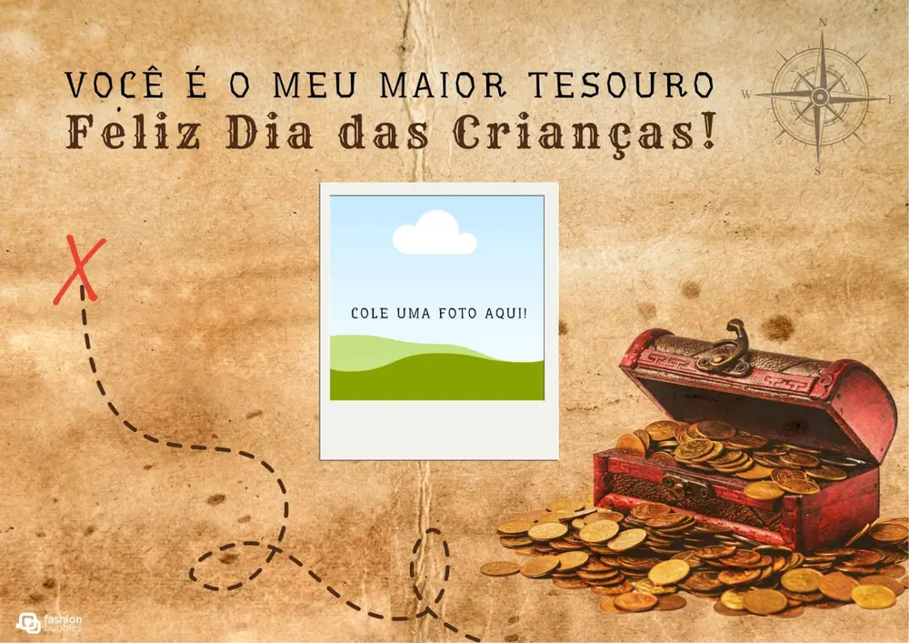 Cartão de dia das crianças imitando mapa do tesouro com espaço pra foto