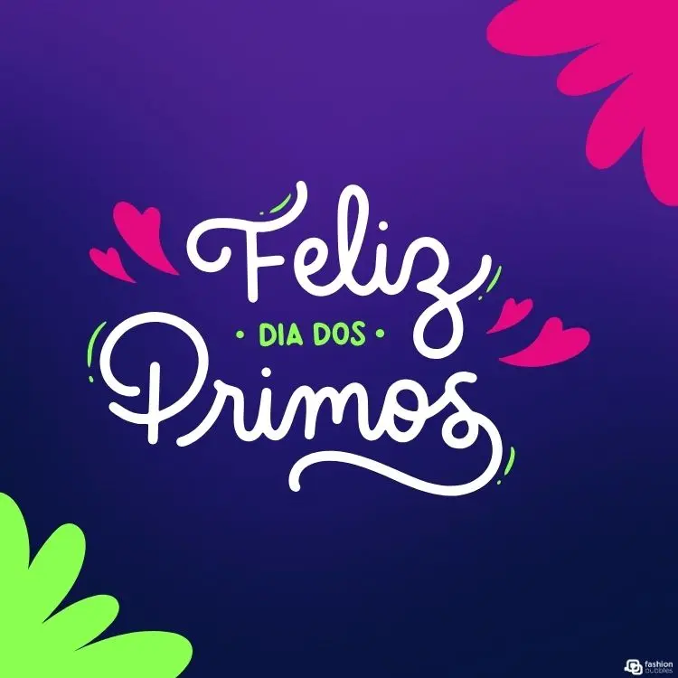 Cartão virtual de fundo roxo com flor rosa e verde e frase "feliz dia dos primos" ao centro com corações 