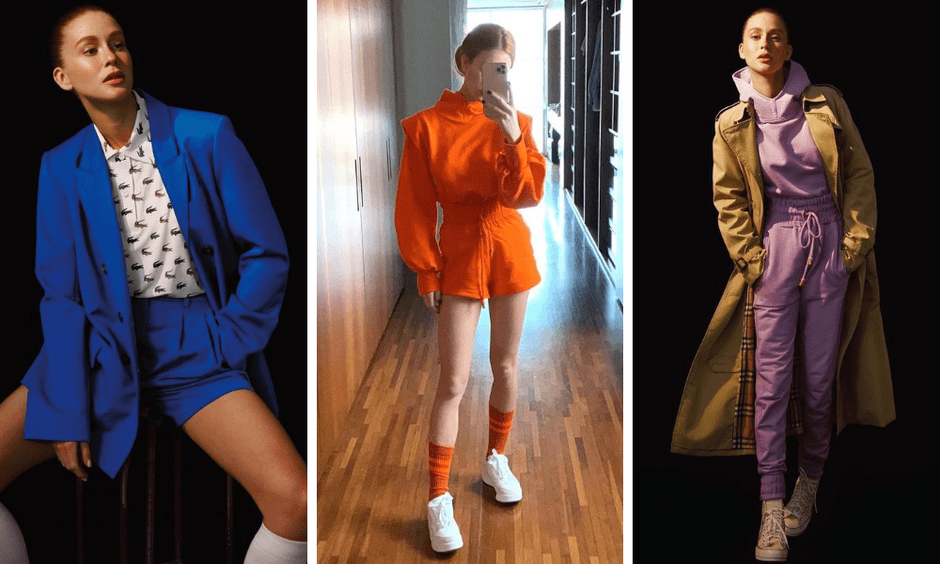 Três fotos uma ao lado da outra: primeira modelo com look azul, segundo Marina Ruy Barbosa posando com look laranja e terceira modelo com casaco marrom e conjunto lilás por baixo Marina Ruy Barbosa cria marca e peças esgotam em 12h
