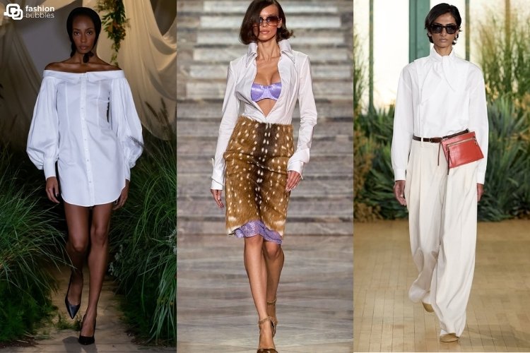 Modelos nos desfiles da Contessa Mills, LaQuan Smith e TWP usando camisa branca, uma das tendências da NYFW Primavera Verão 2027