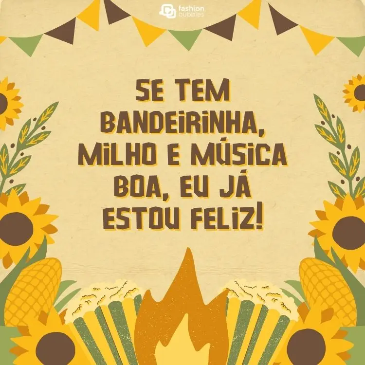 Fundo com bandeirinhas, girassóis, milho e frase de festa junina para compartilhar