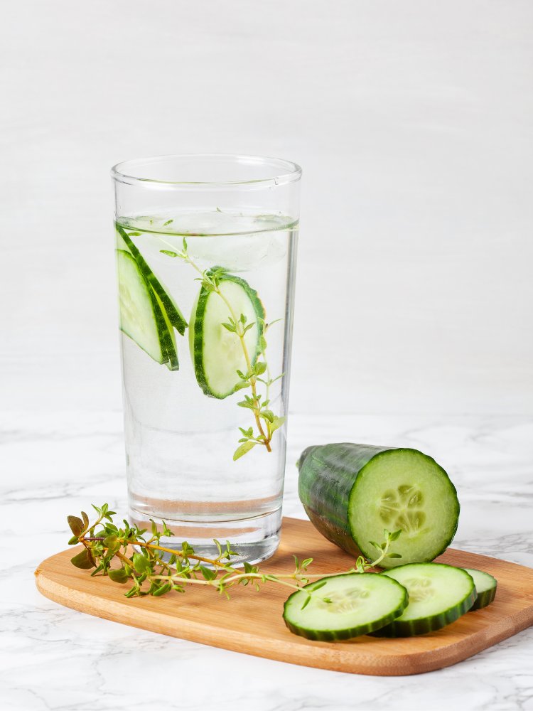 Água aromatizada com pepino e tomilho. Bebida refrescante de verão. Conceito de cuidados de saúde, condicionamento físico e nutrição saudável