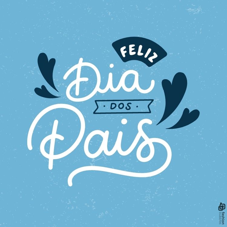 Cartão de fundo azul com frase "feliz dia dos pais", com corações azuis escuros
