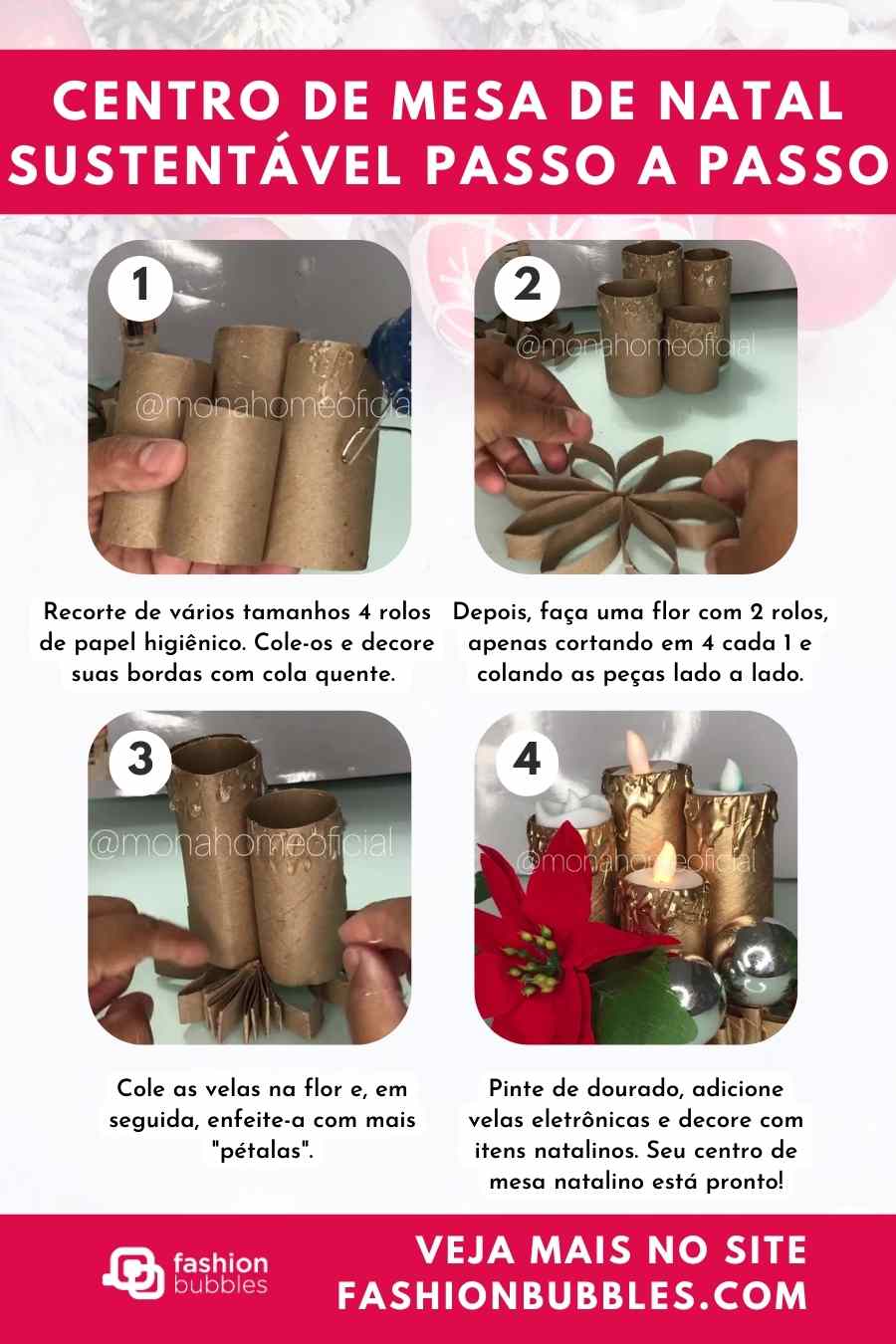 Montagem com passo a passo de centro de mesa de Natal sustentável, feito com rolo de papel higiênico.