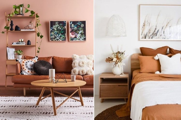 Montagem com duas fotos. Uma de sala com sofá marrom, almofadas texturizadas, mesa de madeira. Outra com quarto com móveis e roupa de cama em tons terrosos 