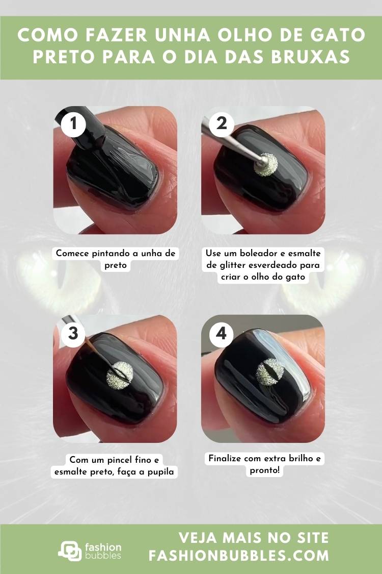 Montagem de 4 passos ensinando a fazer unha decorada olho de gato para o Halloween