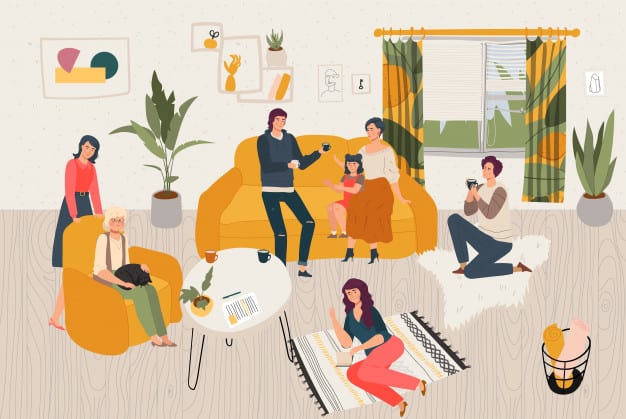 Família grande concentrada na sala de estar, desenho.
