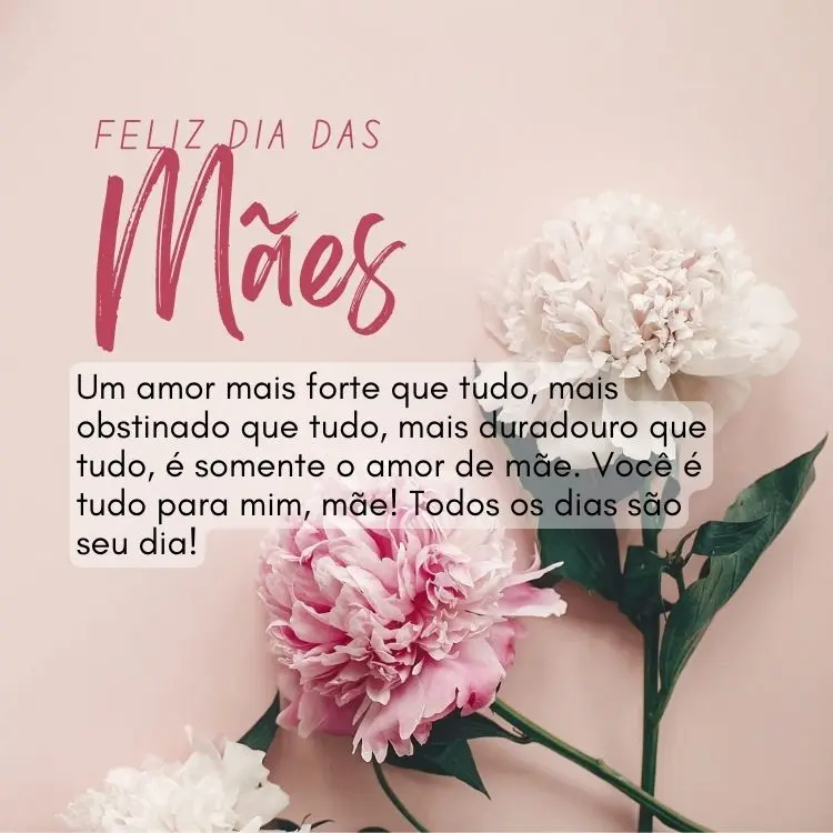 Cartão virtual de fundo rosa com flores brancas e rosas e frase "Um amor mais forte que tudo, mais obstinado que tudo, mais duradouro que tudo, é somente o amor de mãe. Você é tudo para mim, mãe! Todos os dias são seu dia!"