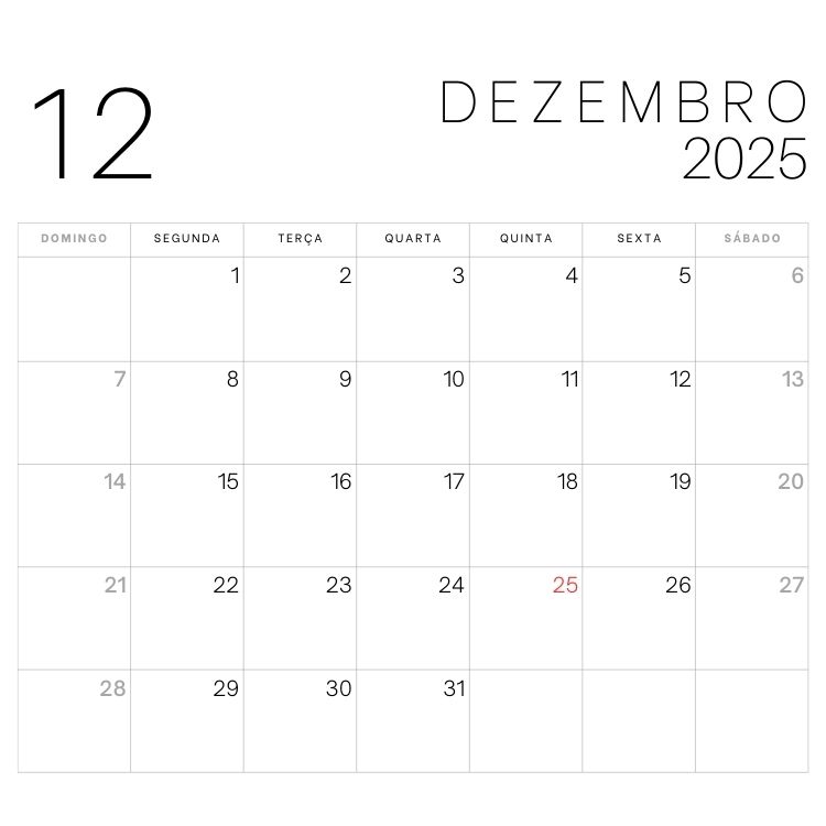 A imagem exibe o calendário de dezembro de 2025 com design minimalista. O número "12" aparece no canto superior esquerdo, e "DEZEMBRO 2025" no direito. Os dias estão organizados em uma grade semanal, com o dia 25 destacado em vermelho.