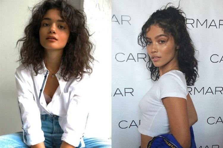 Duas fotos de mulheres com franja cortininha cabelo ondulado