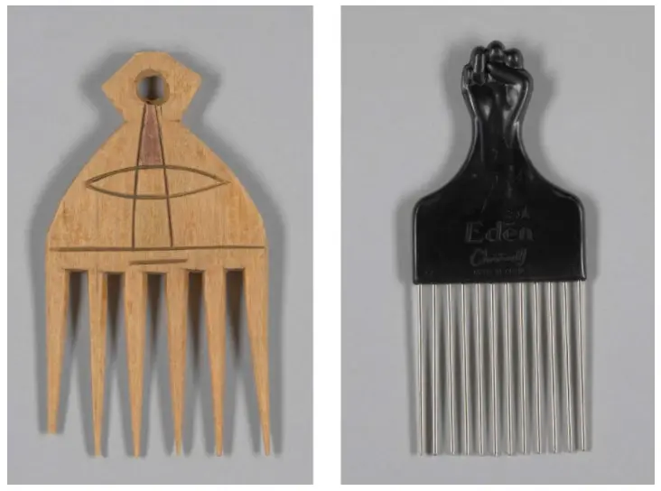 Do lado esquerdo um pente do Gana de 1950, do direito um pente feito no mesmo estilo ornamento com um punho negro usado no cabelo Black Power. 
