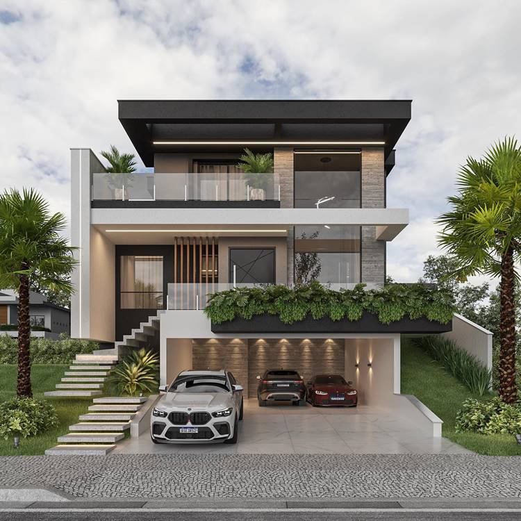 A imagem mostra uma casa moderna de dois andares com uma garagem para dois carros e está cercada por vegetação. A casa tem um design contemporâneo com paredes brancas, painéis de madeira e balaustradas de vidro. Há uma escada com plantas verdes que leva à entrada da casa. O andar superior tem janelas grandes e uma área de varanda com barreiras de vidro para segurança. Palmeiras são visíveis em ambos os lados da casa, adicionando ao seu apelo estético. O céu está nublado, mas claro, indicando iluminação de início da manhã ou final da tarde.