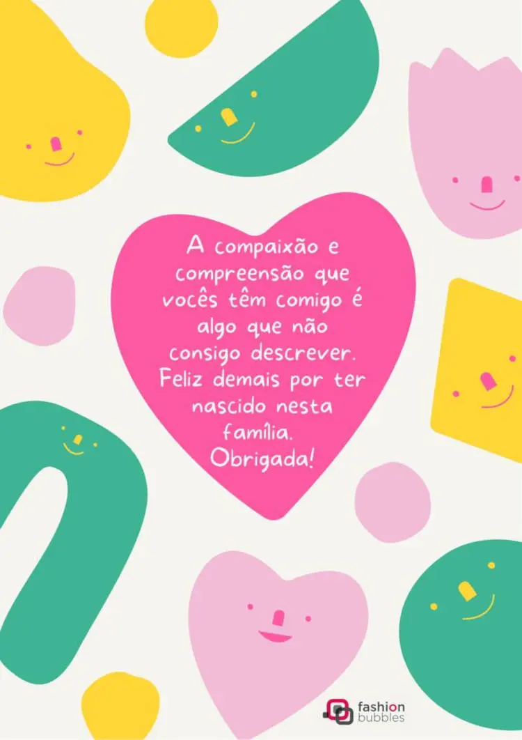 Frase de obrigada a a família com desenhos de coração e formas geométricas Obrigado a família