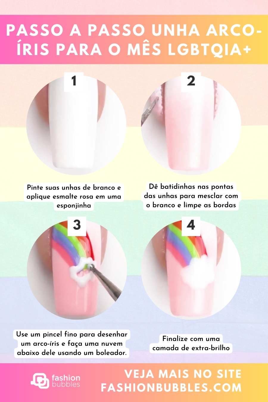 Montagem com 4 passos de como fazer unha arco-íris para o mês LGBTQIA+