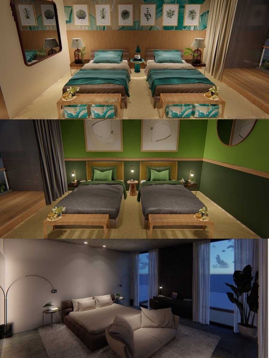 Montagem com três trabalhos de arquitetura de Vincenzo Visciglia. São três quartos: 2 de solteiro e 1 de casal.