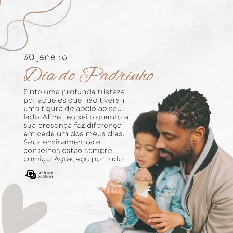 Cartão virtual de fundo bege com desenho de homem de pele negra com menino de pele negra no colo e frase: Sinto uma profunda tristeza por aqueles que não tiveram uma figura de apoio ao seu lado. Afinal, eu sei o quanto a sua presença faz diferença em cada um dos meus dias. Seus ensinamentos e conselhos estão sempre comigo. Agradeço por tudo!